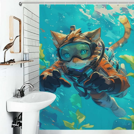 Shower Curtain Cat On Diving Adventure Bath Curtain Polyester Fabric Bathroom Ration With Hooks