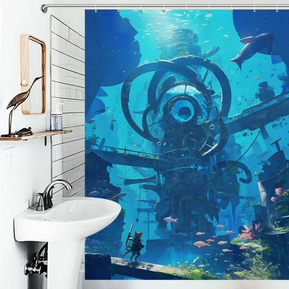 Shower Curtain Cat On Diving Adventure Bathroom Waterproof Polyester Home Ration Curtain With Hook