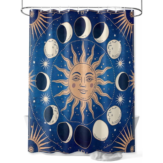 Shower Curtain Celestial Sun and Moon Bathroom Curtains with Hooks, Waterproof Fabric Blue Starry Galaxy Boho Bath Shower Curtains Set for Bathroom Bathtubs Decor 36x72 Inch