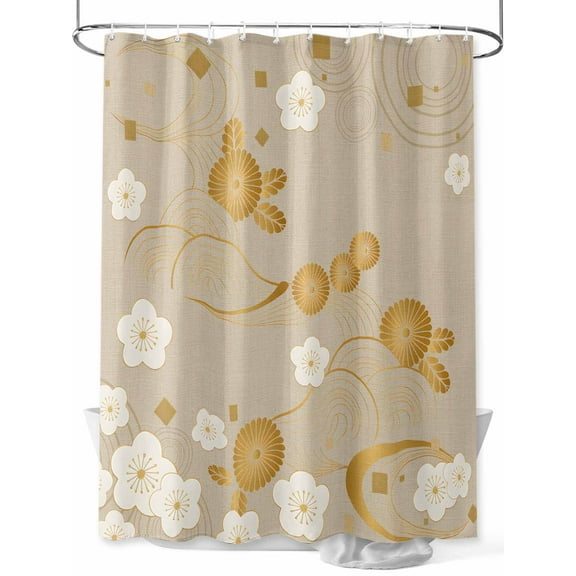 Shower Curtain Cherry Blossoms Bathroom Curtains with Hooks, Waterproof Fabric Japanese Style Gold Floral Beige Bath Shower Curtains Set for Bathroom Bathtubs Decor 36x72 Inch