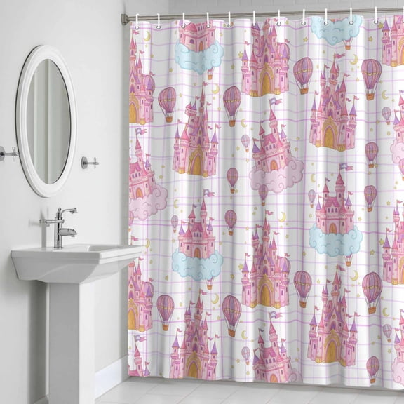 Shower Curtain, Children's Day Pink Dream Castle Balloons Waterproof Shower Curtain Set with Hooks for Bathroom Showers,Stalls and Bathtubs,72x72In Blue Cloud