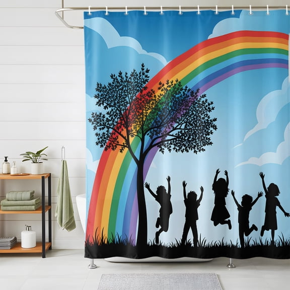 Shower Curtain,Children's Day Silhouettes Waterproof Shower Curtain Set with Hooks for Bathroom Showers,Stalls and Bathtubs,72x72in,Sky Rainbow Trees
