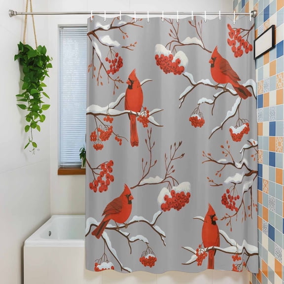 Shower Curtain, Christmas Cardinal Winter Snowflake Waterproof Polyester Fabric Bath Curtain with Hooks for Bathroom Bathtub Stalls, Country Berry on Gray 36x72IN
