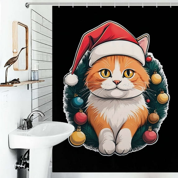 Shower Curtain Christmas Cat Ornament Design Bathroom Waterproof Polyester Home Ration Curtain With Hook