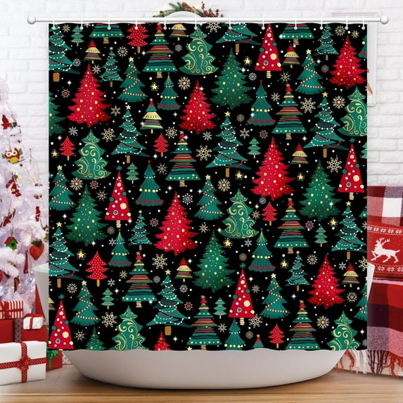 Shower Curtain Christmas, Holiday Shower Curtain Red Green Christmas Tree Snowflake Shower Curtain Sets Waterproof Polyester Fabric Machine Washable Home Farmhouse Decor Bathroom Curtain