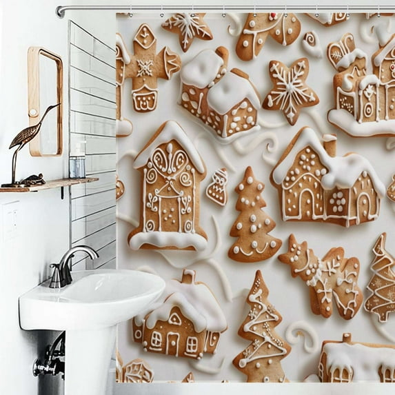 Shower Curtain Christmas Pattern Of Gingerbread Cookies Bath Curtain Polyester Fabric Bathroom Ration With Hooks