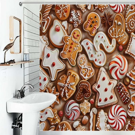 Shower Curtain Christmas Pattern Of Gingerbread Cookies Bathroom Waterproof Polyester Home Ration Curtain With Hook