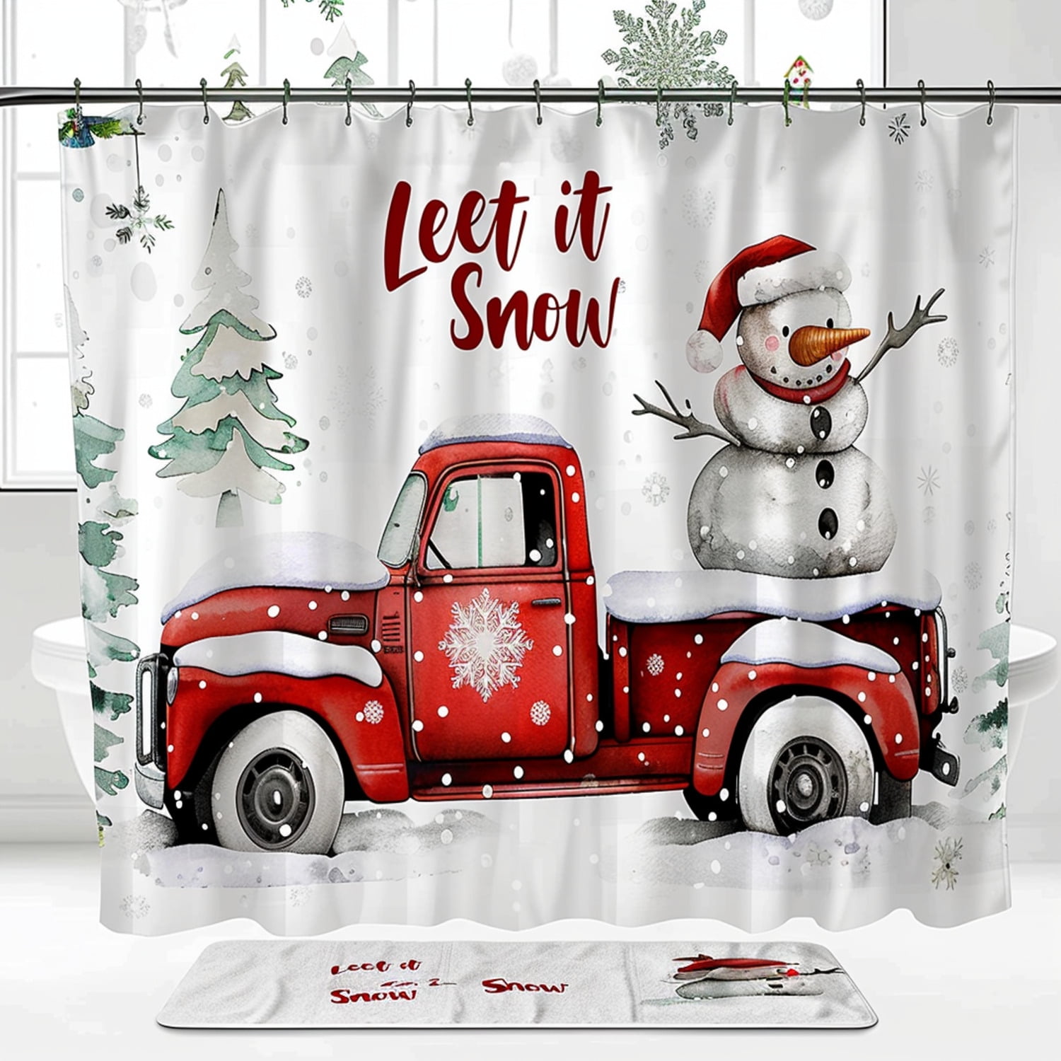 Shower Curtain Christmas Red Truck Snowman Let it Snow Bathroom Vintage