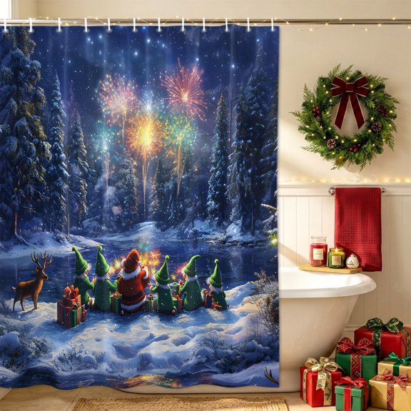 Shower Curtain,Christmas Santa Claus Elves Watching Fireworks Waterproof Fabric Bath Curtains with Hooks Winter Snowflakes Washable Bathroom Shower Curtains for Home Hotel Decor,72x72 Inch