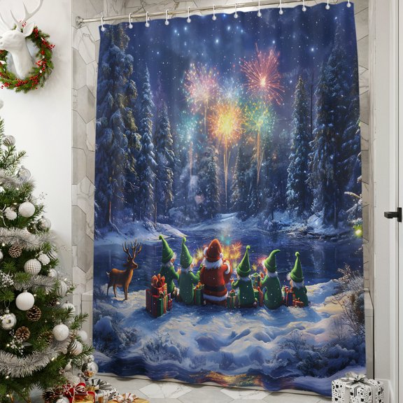 Shower Curtain,Christmas Santa Claus Elves Watching Fireworks Waterproof Shower Curtain Set with Hooks for Bathroom Showers,Stalls and Bathtubs,36x72in,Winter Snowflakes
