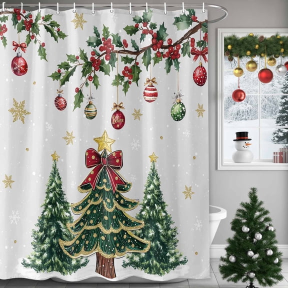 Shower Curtain, Christmas Tree Bow Star Ball Waterproof Shower Curtain Set with Hooks for Bathroom Showers,Stalls and Bathtubs,36x72In Winter Snowflake Berry Leaf on Gray