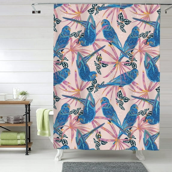 Shower Curtain, Classic Blue Cute Parrot Waterproof Fabric Plastic Shower Curtain, Drying Fast Bathroom Curtain with 9 Buttonholes, Ruffle Shower Curtain 60x72in