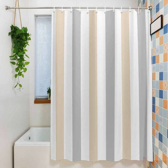 Shower Curtain, Classical Beige Grey Striped Waterproof Polyester Fabric Bath Curtain with Hooks for Bathroom Bathtub Stalls, Modern Minimalist Lines 36x72IN