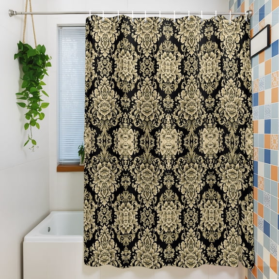 Shower Curtain, Classical Damask Waterproof Polyester Fabric Bath Curtain with Hooks for Bathroom Bathtub Stalls, Retro Boho Vintage Black Gold Floral 36x72IN