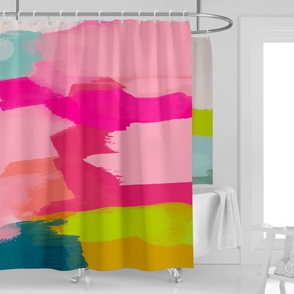 Shower Curtain Clawfoot Tub Wrap Around Watercolor Abstract Colorful Ombre Hot Pink Teal Blue Aesthetic Minimalist Oil Painting Polyester Fabric Plastic Hooks-36"W x 72"L (Pack of 1)