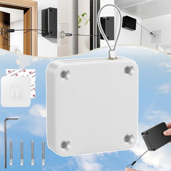 Shower Curtain Closer, Automatic Screen Door Closer, Punch-Free Automatic Door Closer with Steel Springs Drawstring, Storm Door Closer, Sliding Screen Auto Door Closer with Steel Drawstring (White)