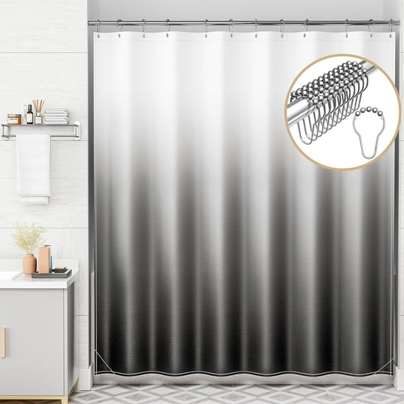 Shower Curtain, Cloth Ombre Black Shower Curtain Sets with 12 Shower Curtain Hooks, Washable Fabric Black and White Shower Curtain, Rustic Farmhouse Bathroom Shower Curtain, 72x72 Inches