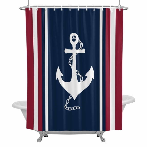 Shower Curtain, Coastal Nautical Anchor Waterproof Fabric Bathroom Shower Curtains Set with Hooks,72 X 72 Inch Long, Vintage Red Blue Striped