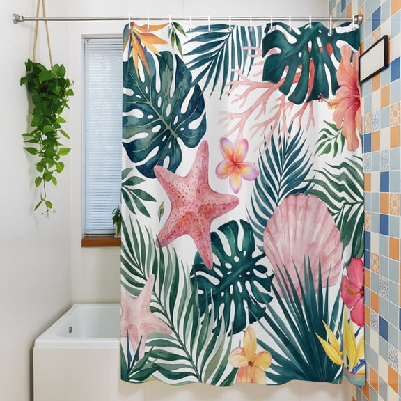 Shower Curtain, Coastal Ocean Starfish Shell Flower Waterproof Polyester Fabric Bath Curtain with Hooks for Bathroom Bathtub Stalls, Tropical Palm Monstera Leaf 36x72IN