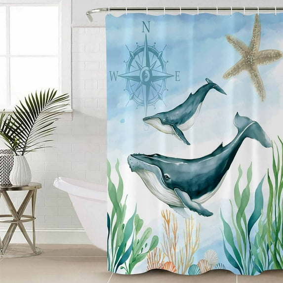 Shower Curtain, Coastal Ocean Whale Fish Waterproof Shower Curtain Set with Hooks for Bathroom Showers,Stalls and Bathtubs,60x72In Sea Blue Marine Life