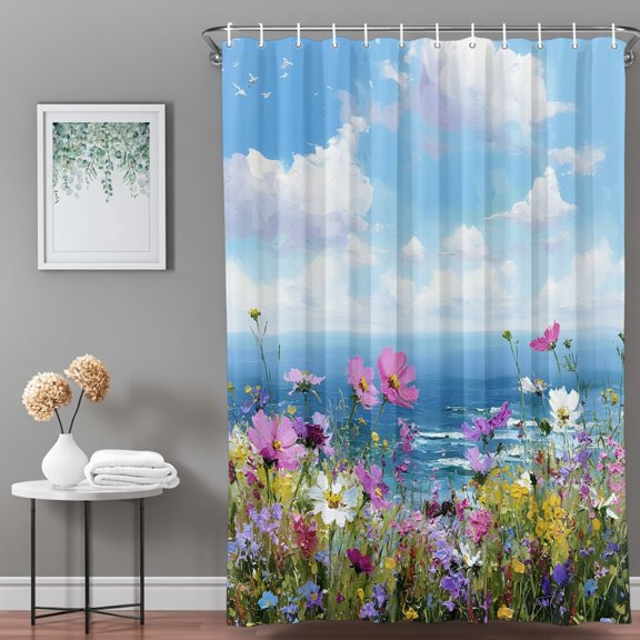 Shower Curtain,Coastal Watercolor Wildflowers Waterproof Shower Curtain Set with Hooks for Bathroom Showers,Stalls and Bathtubs,36x72in,Blue Sky White Clouds