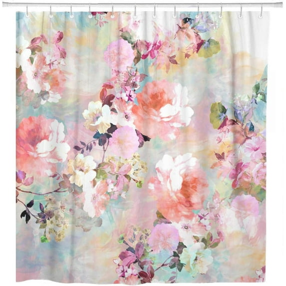 Shower Curtain Colorful Flowers Romantic Pink Teal Watercolor Chic Floral Pattern Home Bathroom Decor Polyester Fabric Waterproof 72 x 72 Inches Set with Hooks