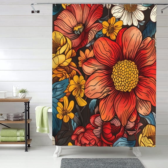 Shower Curtain, Colorful Vintage Floral Pattern Waterproof Fabric Plastic Shower Curtain, Drying Fast Bathroom Curtain with 9 Buttonholes, Ruffle Shower Curtain 60x72in