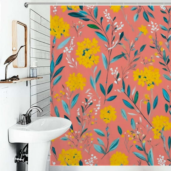Shower Curtain Coral Floral Painted Seamless Pattern Bath Curtain Polyester Fabric Bathroom Ration With Hooks