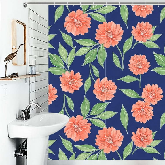 Shower Curtain Coral Flowers Navy Blue Background Pattern Polyester Waterproof Home Ration Curtain With Hook