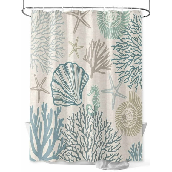 Shower Curtain, Coral Shell Blue Starfish Ocean Coastal Retro Washable Shower Curtain with Hooks Bath Decor Fabric Shower Curtains for Bathroom, Hotel, Stalls, Bathtubs, 48x72 Inch