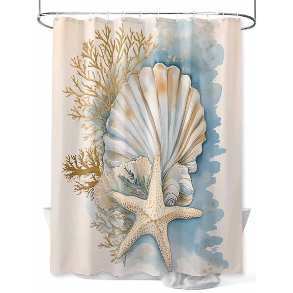 Shower Curtain, Coral Shell Watercolor Starfish Coastal Ocean Vintage Washable Shower Curtain with Hooks Bath Decor Fabric Shower Curtains for Bathroom, Hotel, Stalls, Bathtubs, 36x72 Inch