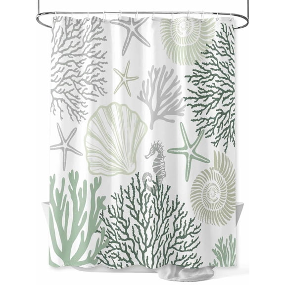 Shower Curtain, Coral Starfish Seashell Green Ocean Coastal Washable Shower Curtain with Hooks Bath Decor Fabric Shower Curtains for Bathroom, Hotel, Stalls, Bathtubs, 48x72 Inch