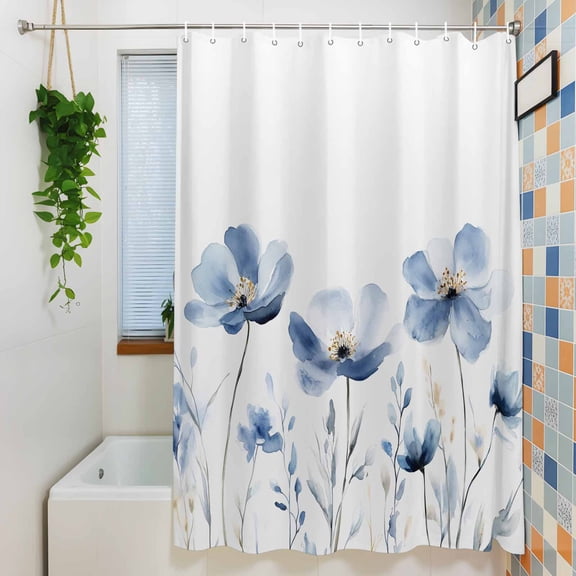 Shower Curtain, Country Blue Flower Watercolor Gradient Waterproof Polyester Fabric Bath Curtain with Hooks for Bathroom Bathtub Stalls, Classical Flower Art 36x72IN