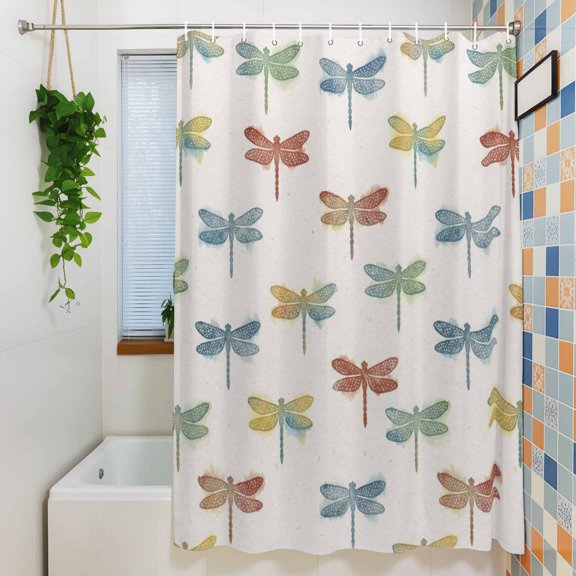 Shower Curtain, Country Colorful Dragonfly Waterproof Polyester Fabric Bath Curtain with Hooks for Bathroom Bathtub Stalls, Blue Red Animal on Beige 36x72IN