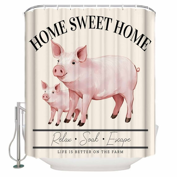 Shower Curtain, Country Pink Pig Farmhouse Theme Waterproof Shower Curtain Set with Hooks for Bathroom Showers,Stalls and Bathtubs,72x72In Sweet Home Farm Text Animals