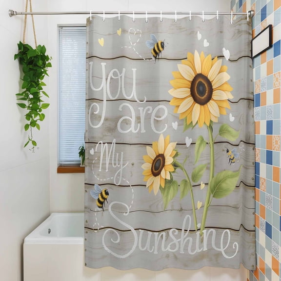 Shower Curtain, Country Sunflowers Bee Waterproof Polyester Fabric Bath Curtain with Hooks for Bathroom Bathtub Stalls, You Are My Sunshine Words on Wood 36x72IN