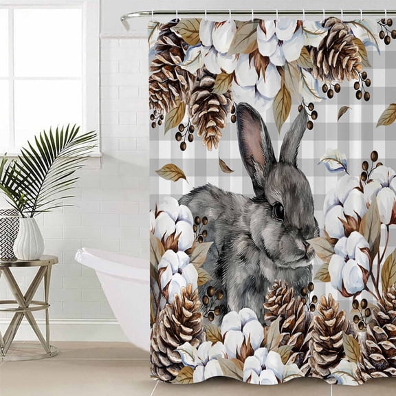 Shower Curtain Countryside Rabbits on Gray White Plaid Waterproof Shower Curtain Set with Hooks for Bathroom Showers,Stalls and Bathtubs,72x78In Berries Cotton