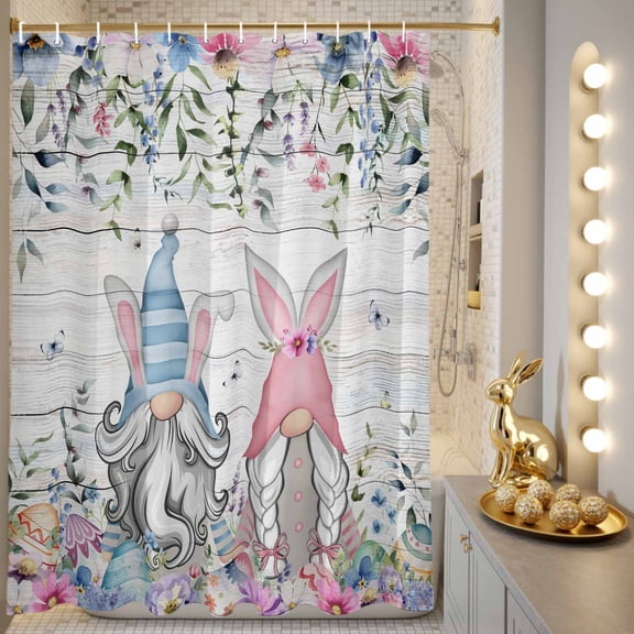 Shower Curtain, Couple Gnome Bunny Ears Easter Eggs Waterproof Shower Curtain Set with Hooks for Bathroom Showers,Stalls and Bathtubs,72x72In Spring Leaves Flowers Retro Plank