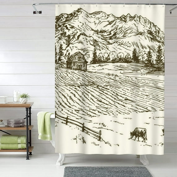 Shower Curtain, Cows Grazing On Meadow Waterproof Fabric Plastic Shower Curtain, Drying Fast Bathroom Curtain with 9 Buttonholes, Ruffle Shower Curtain 60x72in
