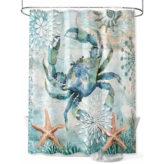 Shower Curtain Crab Shower Curtains for Bathroom, Waterproof Polyester Shower Curtain Set with Hooks, Extra Long 72" x 96" Teal Starfish Marine Life