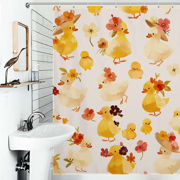Shower Curtain Cute Anime Duck With Flower Bathroom Waterproof Polyester Home Ration Curtain With Hook