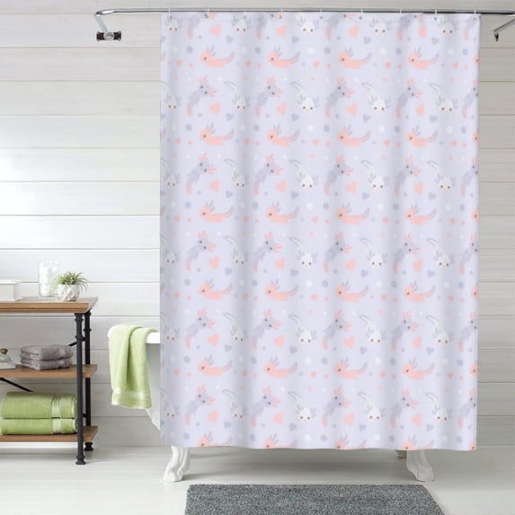 Shower Curtain, Cute Axolotl Love Purple Waterproof Fabric Plastic Shower Curtain, Drying Fast Bathroom Curtain with 9 Buttonholes, Ruffle Shower Curtain 60x72in