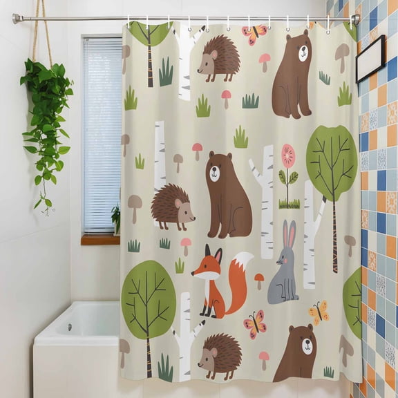 Shower Curtain, Cute Bear Hedgehog Fox Waterproof Polyester Fabric Bath Curtain with Hooks for Bathroom Bathtub Stalls, Cartoon Tree Wild Flower 36x72IN