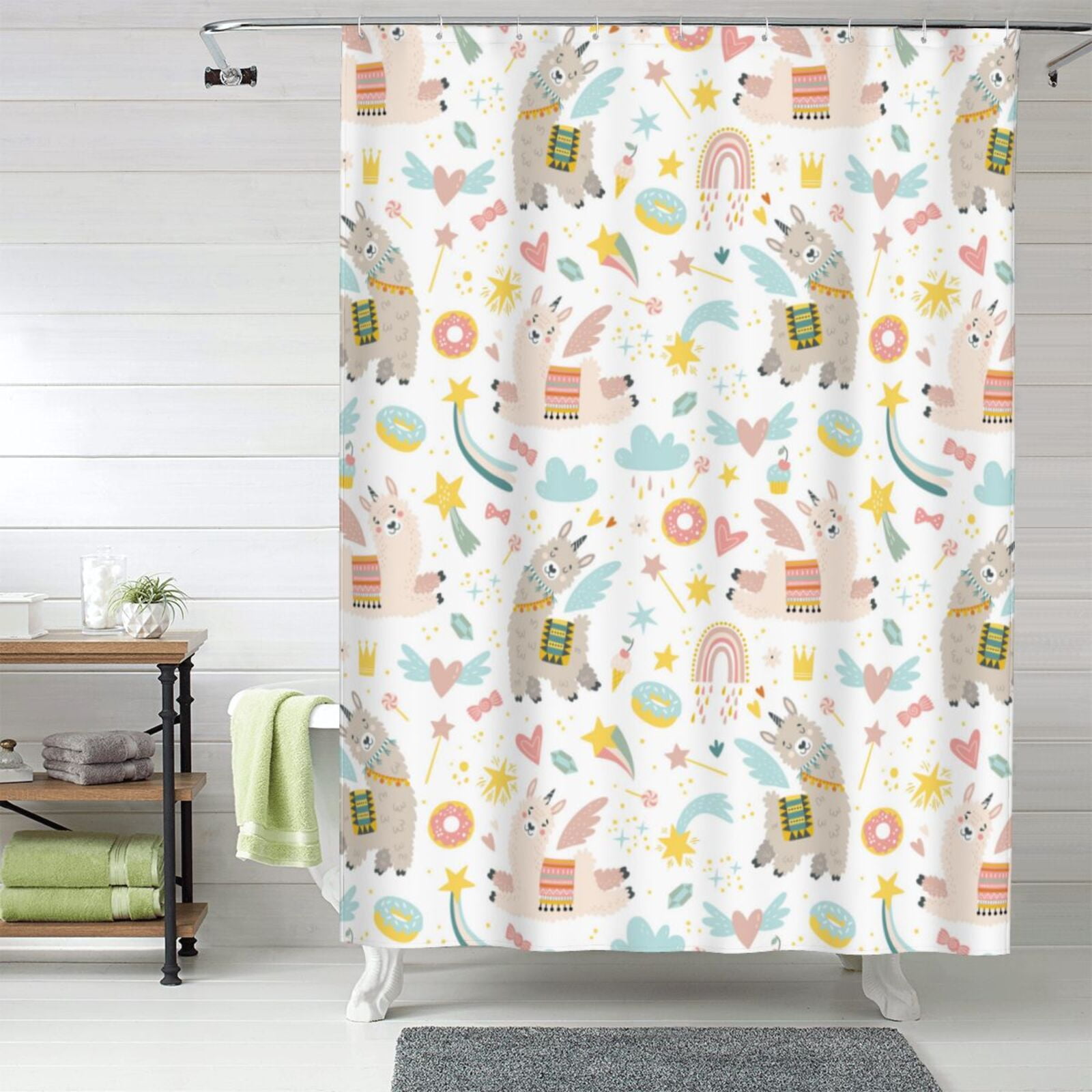 Shower Curtain, Cute Cartoon Alpaca Donut Love Waterproof Fabric ...