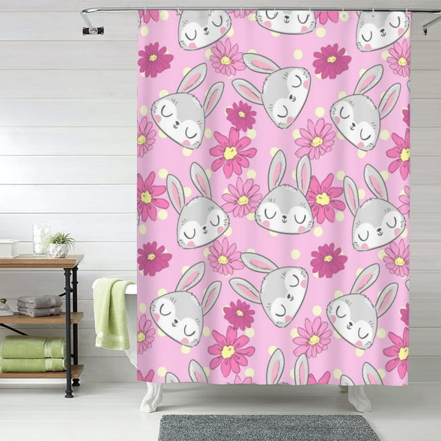 Shower Curtain, Cute Cartoon Rabbit Flower Pink Waterproof Fabric