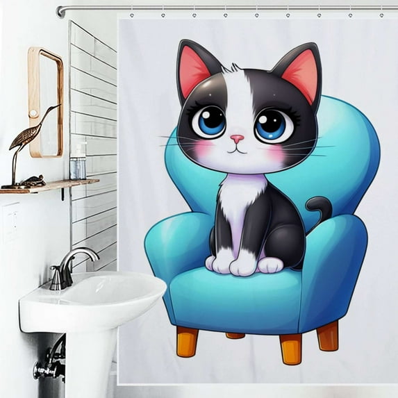Shower Curtain Cute Cat On Blue Chair Bath Curtain Polyester Fabric Bathroom Ration With Hooks
