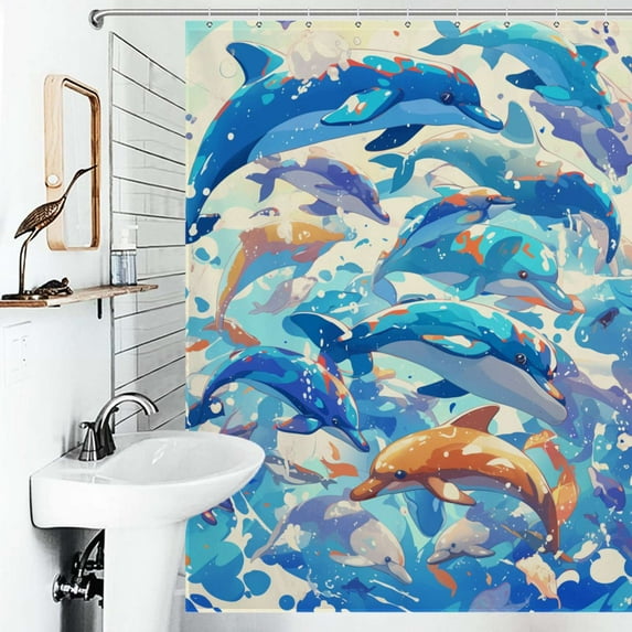Shower Curtain Cute Dolphins Bath Curtain Polyester Fabric Bathroom Ration With Hooks