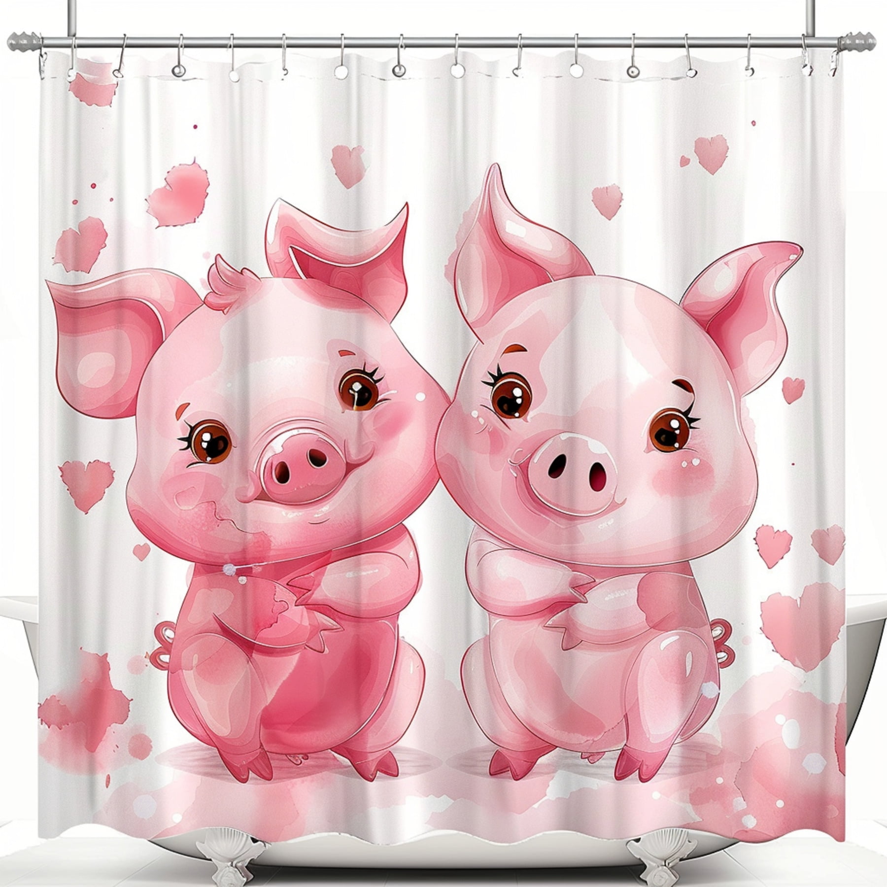 Shower Curtain Cute Pink Piggy Hooded Watercolor Print for Kids