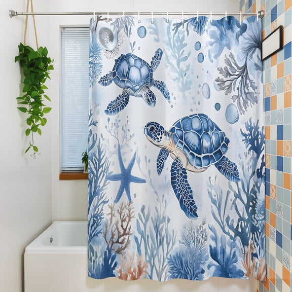 Shower Curtain, Cute Sea Turtle Coral Starfish Waterproof Polyester Fabric Bath Curtain with Hooks for Bathroom Bathtub Stalls, Blue Ocean World Marine Life 36x72IN