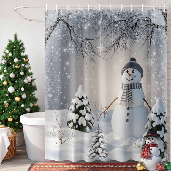Shower Curtain, Cute Snowman Christmas Tree Scarf Waterproof Shower Curtain Set with Hooks for Bathroom Showers,Stalls and Bathtubs,48x72In Winter Snowflakes
